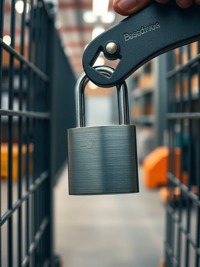 The alt text for this image is: "A person is shown holding a padlock in their hand, with a lock and chain hanging from a f...