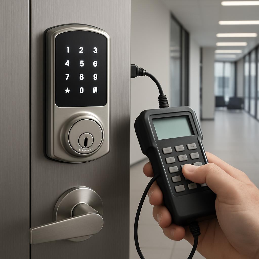 A person's hand holding a device near a door with a keypad lock, suggesting an attempt to bypass security or access unauth...