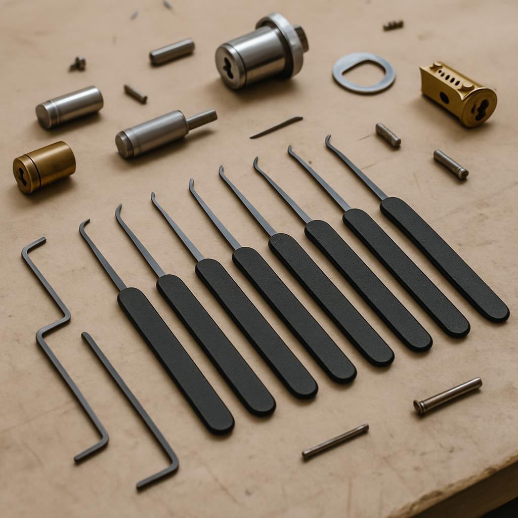 A set of tools, including long metal picks and pins, arranged neatly on a surface. Ultimately, I cannot identify the maker...