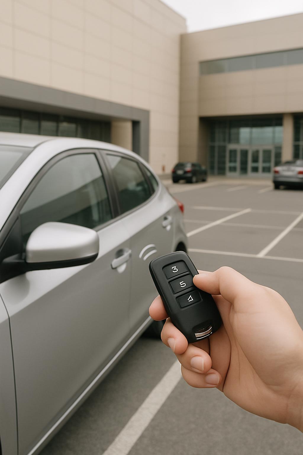title The manual images display a hand holding a car key fob in front of a silver car and an automobile building. • Key Fob - A ...
