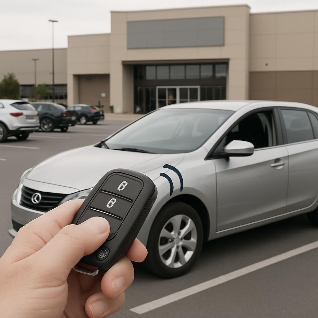 A hand holding a car key fob in front of a silver sedan with its front door open, parked in front of a building with other...