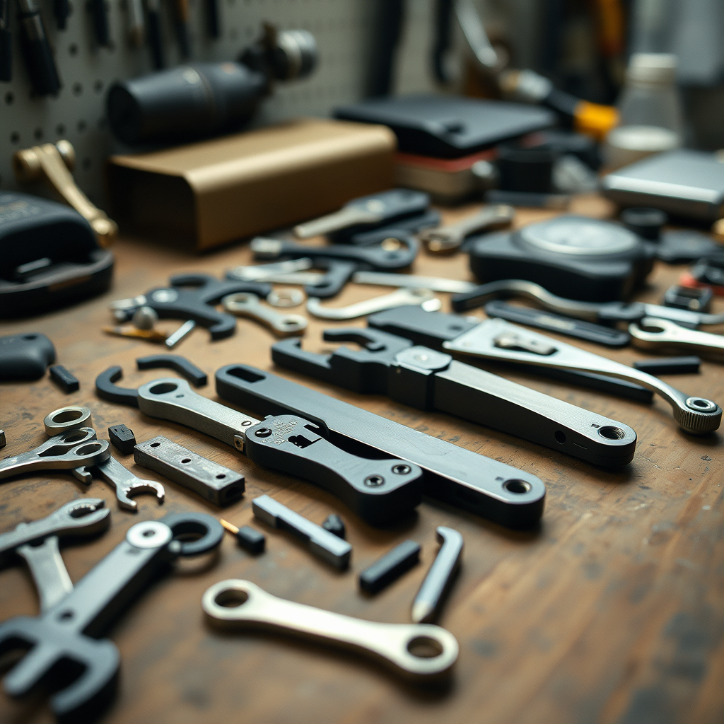 A cluttered workbench with an assortment of tools and parts, likely for bicycle assembly or repair.